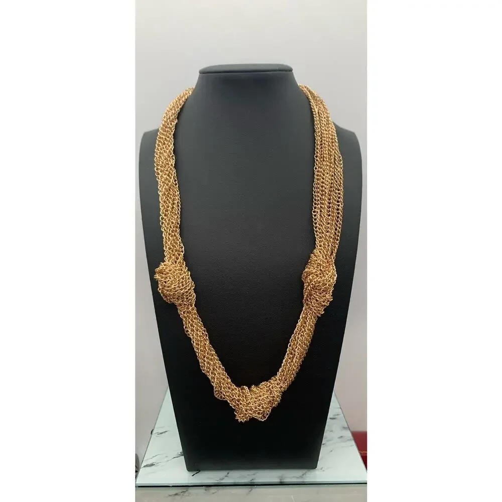 Gold Tone Mesh Chain Link 3 knot Multi Strand necklace Chunky Statement